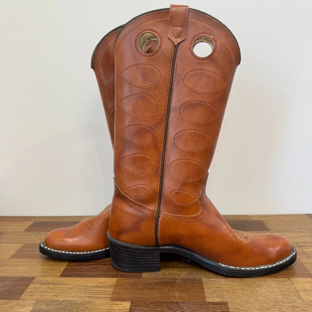 Bronco Womens Western Boots 8.5 Leather Made‎ in USA Mid Calf Cowboy Brown